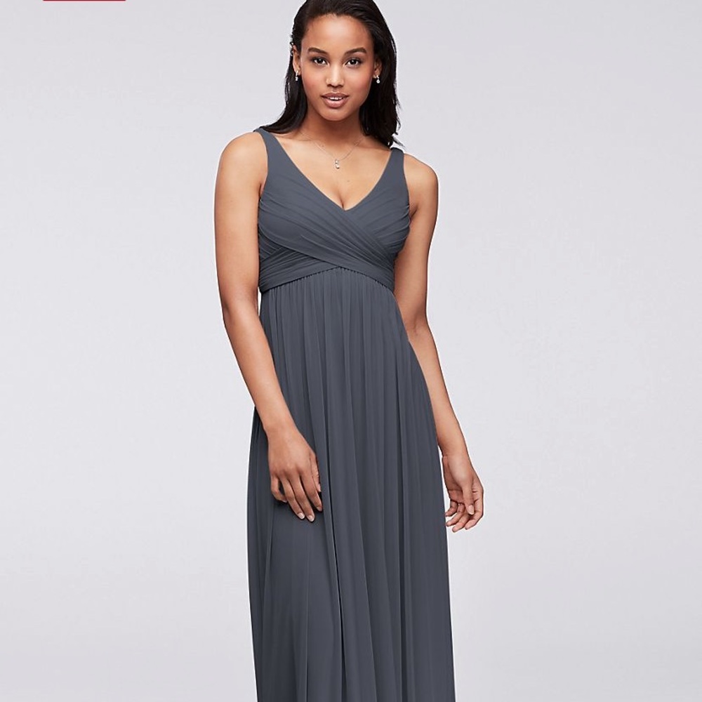 David’s Bridal long mesh bridesmaids dress w/cowl back detail.